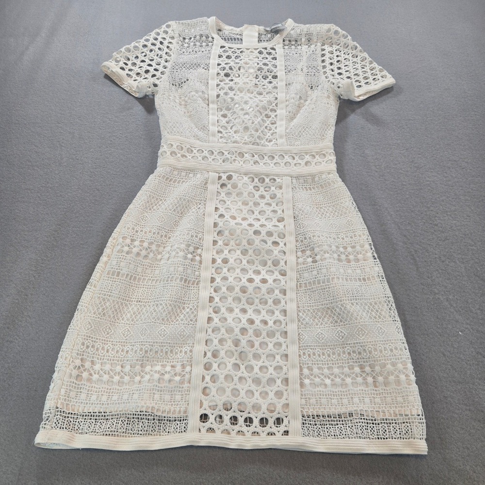 H&M Crochet Lace Dress Womens 4 Cream Short Sleeve‎ Geometric Mini Back Zip